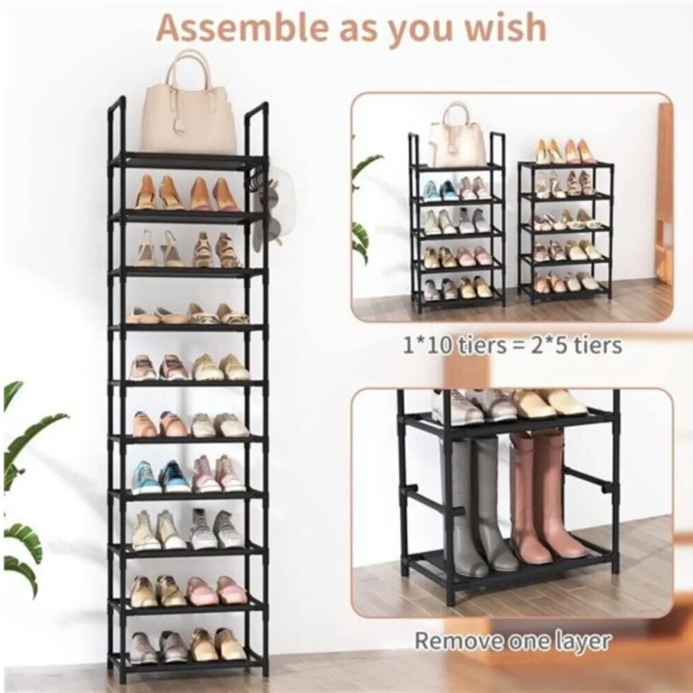 Tall Narrow Shoe Rack 10 Tier Organizer Shelf Holds 25 Pairs Black Storage